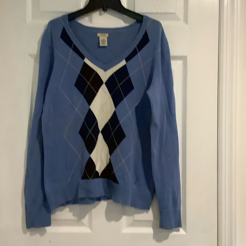 IZOD Mens 100% Cotton Blue Argyle Classic V Neck Preppy Golf Fall Sweater L